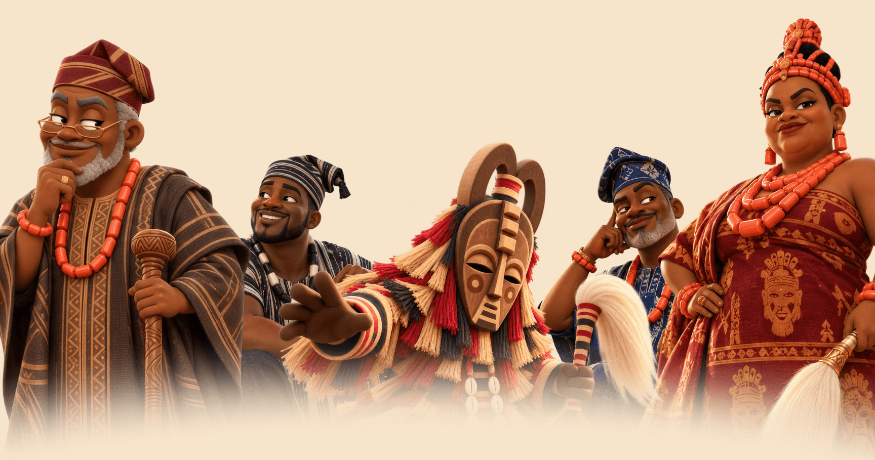 Meet the neighbours: an elder, a young man, a masquerade, a man in blue and a woman in a red gele.