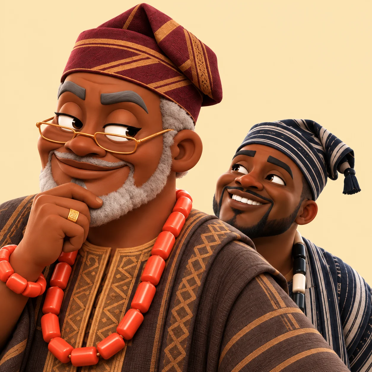 An elder exchanges a knowing look with his young neighbour.
