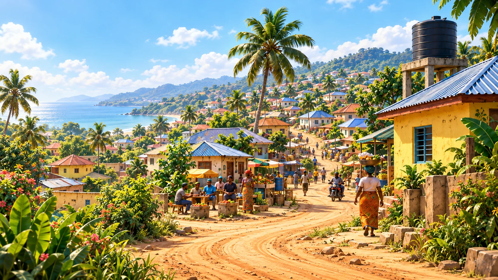 A sunlit village road winds between busy stalls, palm trees and colourful compounds.